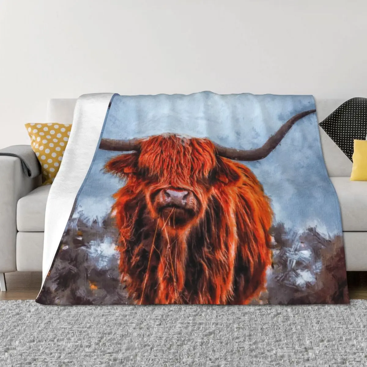 

Scottish Hairy Highland Cow painting, Cute Highland Cattle Calf, Highland Cattle Cow Oil Paint, Cute Cow Throw Blanket