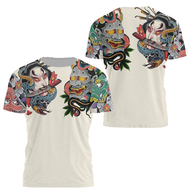 Japanese Harajuku Printed T Shirt For Men Fashion Samurai Mask Graphic T shirts Summer Leisure O-neck Pullover Oversized Topsy2k