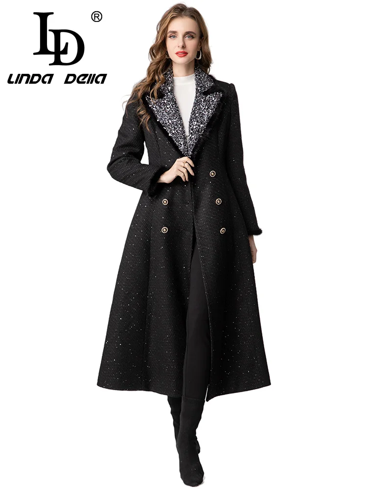 

LD LINDA DELL Double breasted suit collar commuting formal occasions long sleeved temperament fashionable windbreaker woolen coa