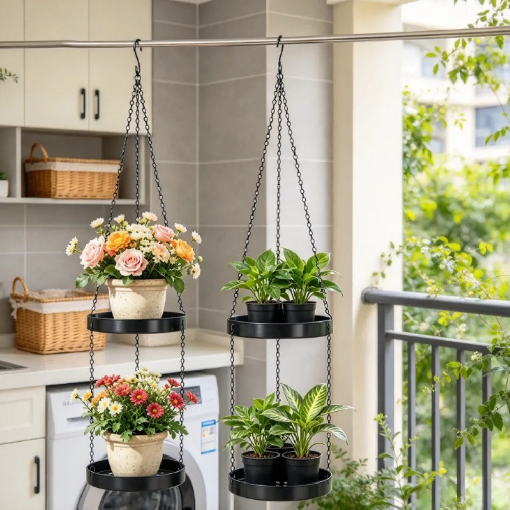 Vertical Hanging Iron Plant Shelf with Two Tiers for Balcony Indoor Outdoor Use Space Efficient Metal Flower Container