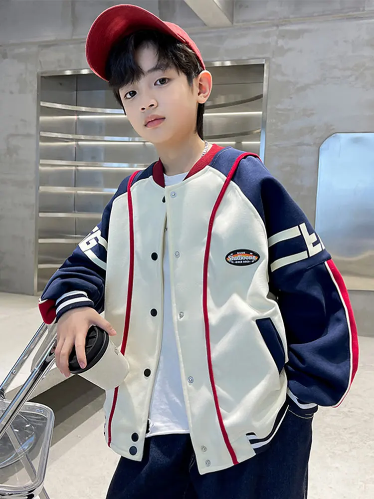 

Autumn Spring Red Green Baseball Jacket Coat Kids Buttons Uniform Patchwork Boys Casual Loose Bomber Outerwear XMP628