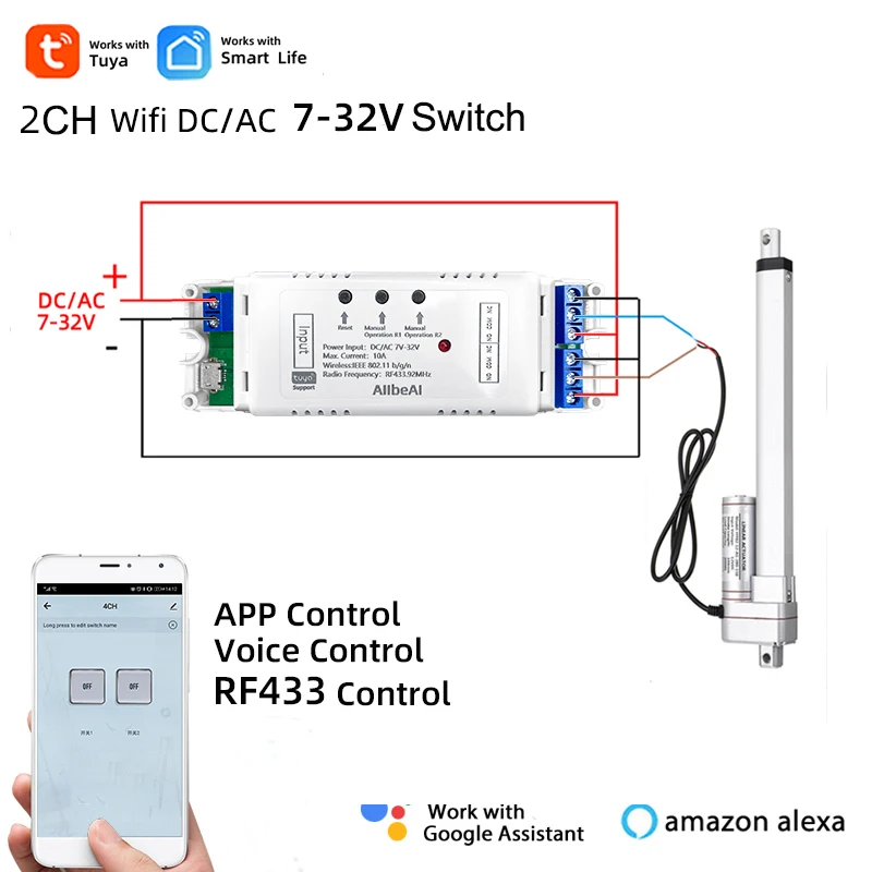 Tuya Smart Wifi elektrische lineaire actuator motorcontroller, DC AC 12V 24V 32V 2-kanaals schakelaar, RF433 afstandsbediening, 2CH pulsmodulerelais