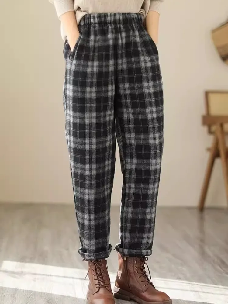 

Plus Velvet Thick Woolen Trousers 2024 New Winter Vintage Plaid Casual Long Trousers Fashion All Match Slim Harem Pants