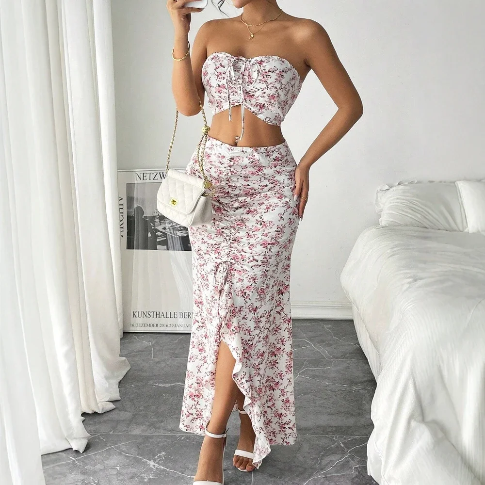 セット夏エレガントな小花柄ノースリーブストラップレスレースアップタンクシャーリングマーメイドスリットスカートビーチセット女性のための