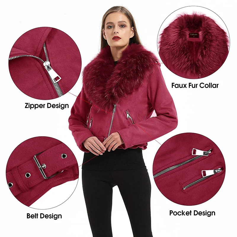 Giolshon Winter Women Faux Suede Jacket With Detachable Fur Collar Belt Lady Thick Warm Leather Jacket Casual Chic Moto Red Coat