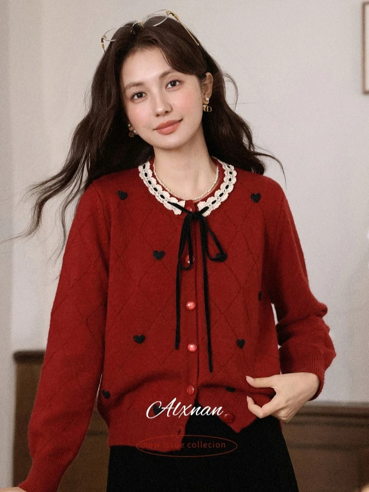 

ALXNAN Red Knit Cardigan Women 2025 Fall Winter Long Sleeve Heart Sweater Chic French Style Ladies Warm Knit Tops DYL663086