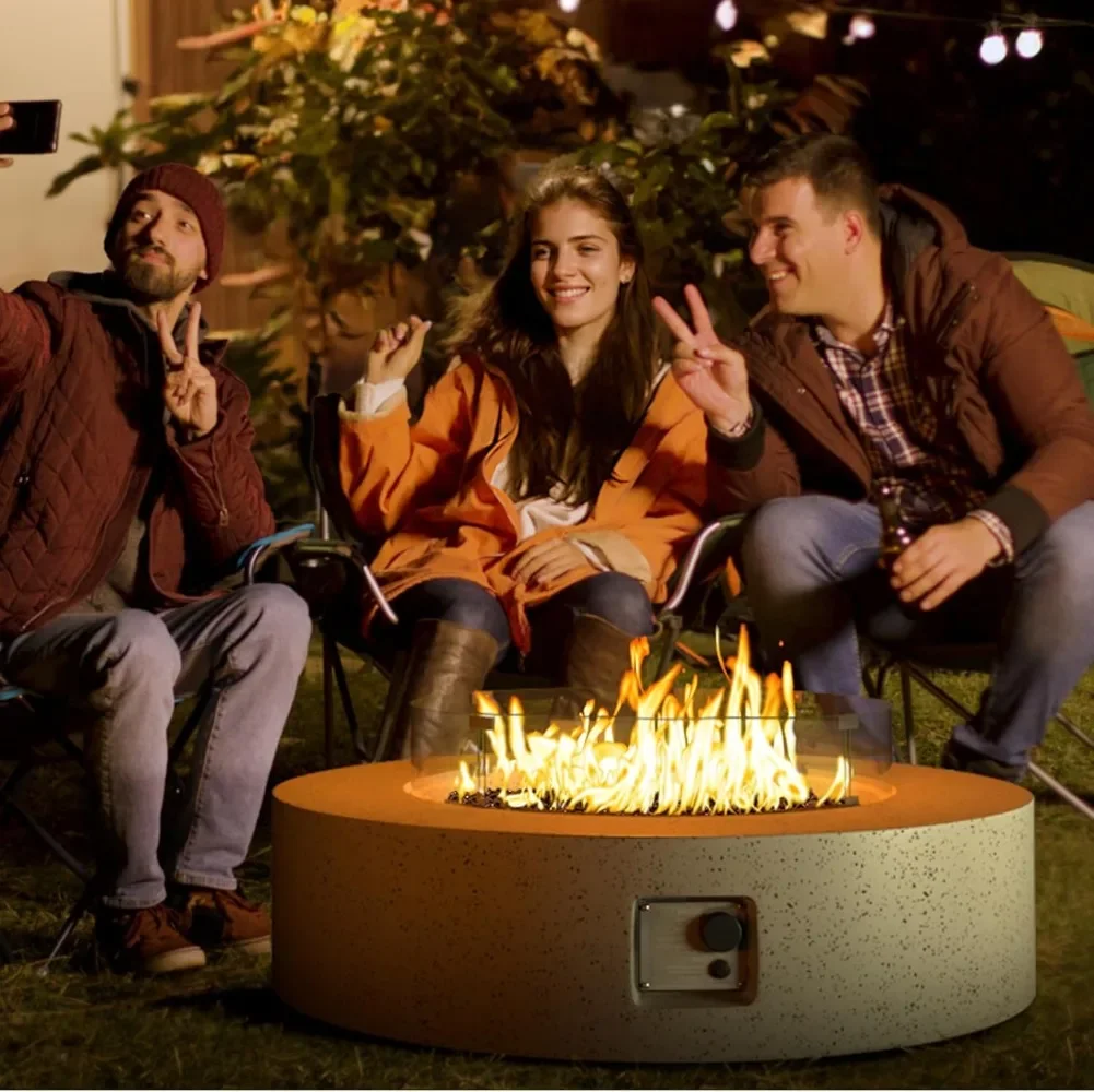 Outdoor Propane Fire Pit Coffee Table w Terrazzo White 40.5-inch Round Base Patio Heater, 50,000 BTU Stainless Steel Burner