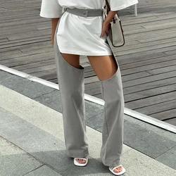 OMSJ 2024 Trendy Street Designer Gray High-waisted Hollow Button Up Versatile Straight Loose Pants Women Sexy Irregular Trousers