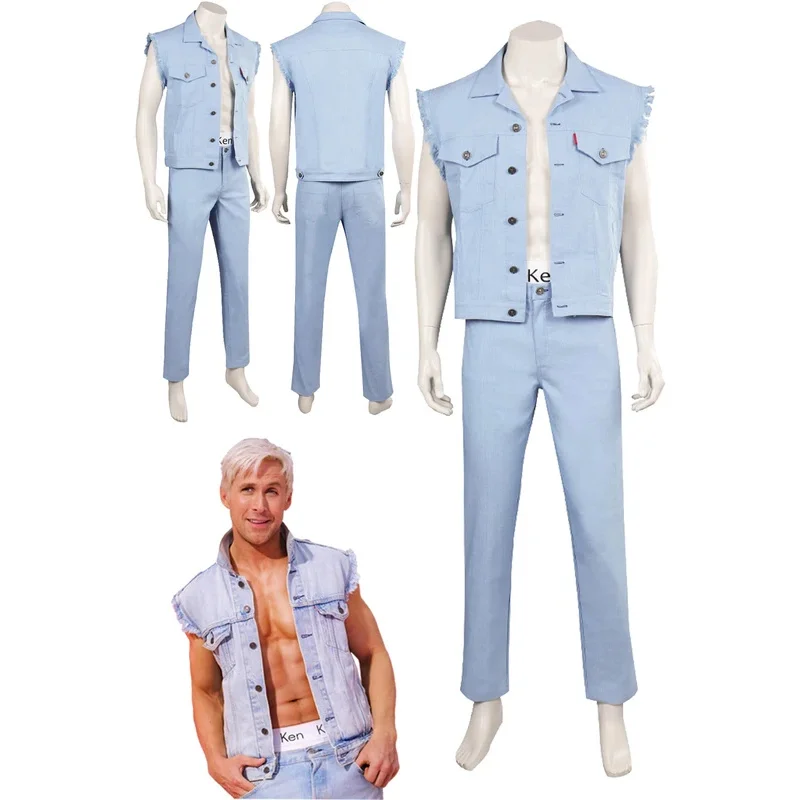 Ken Cosplay Fantrenfor- Veste et Jean Décontractés pour Homme, Costume d'Halloween, Film Barbei, Arrière-plans, Tenues Fantaisie, Été, 2023