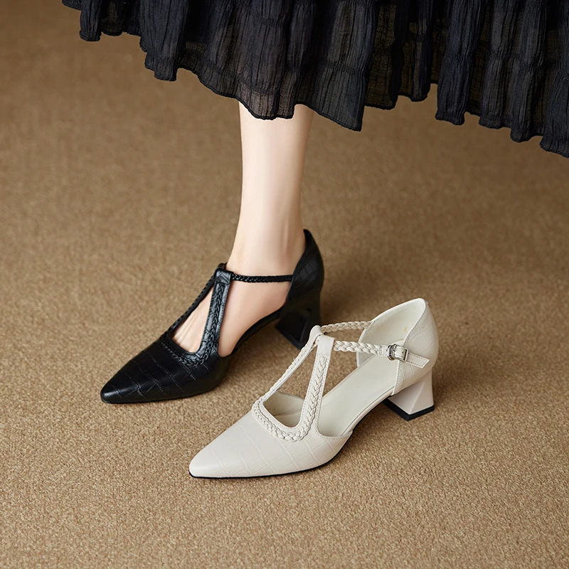 2026 new summer women sandals natural leather 22-25cm cowhide+sheepskin pointed toe ankle-buckle high heel women shoes fashion
