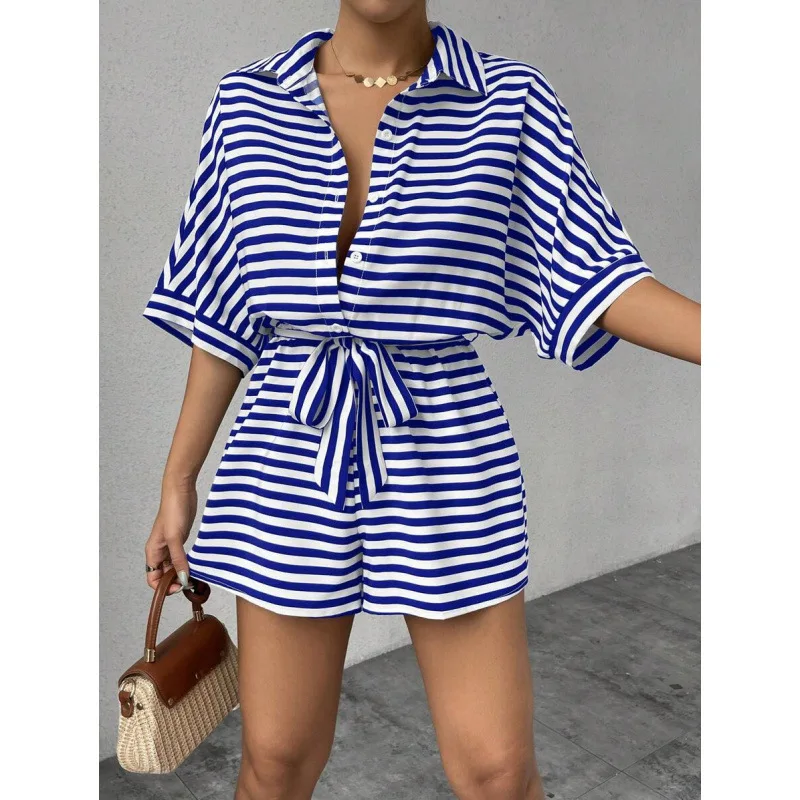 

Striped Lapel Jumpsuit U 96924 Low Waist Short Pants One-Piece Suit Women's Fashion Spring Collection High Content Fabric