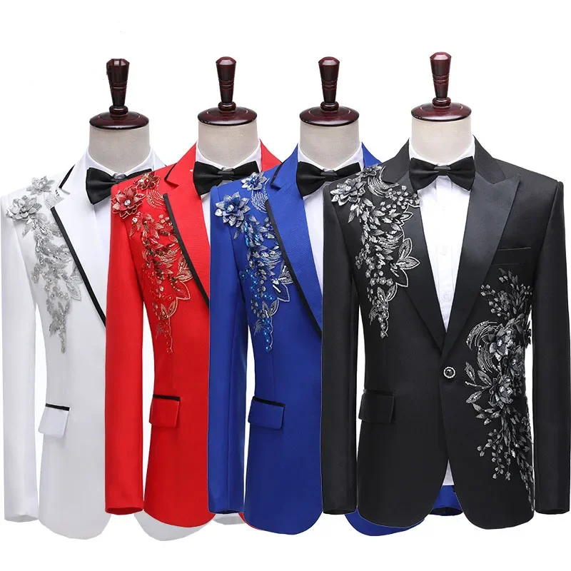 2024 Men's Color-Blocking Sequin Suit Studio Singer Stage Host's Dress Suit Two Pieces