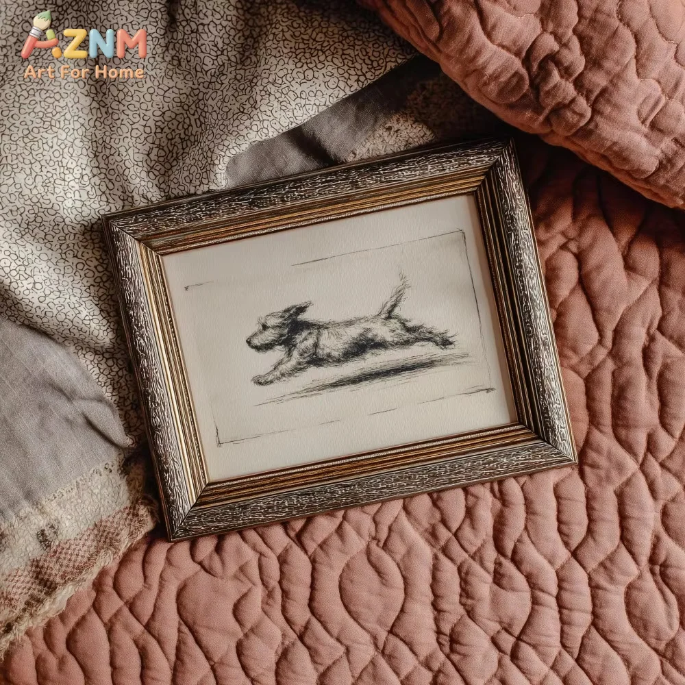 Retro Running Dog Pattern, Antique Terrier Sketch, Running Puppy Art Painting, Home Decoration, Wall Art, a Gift For Dog Lovers.