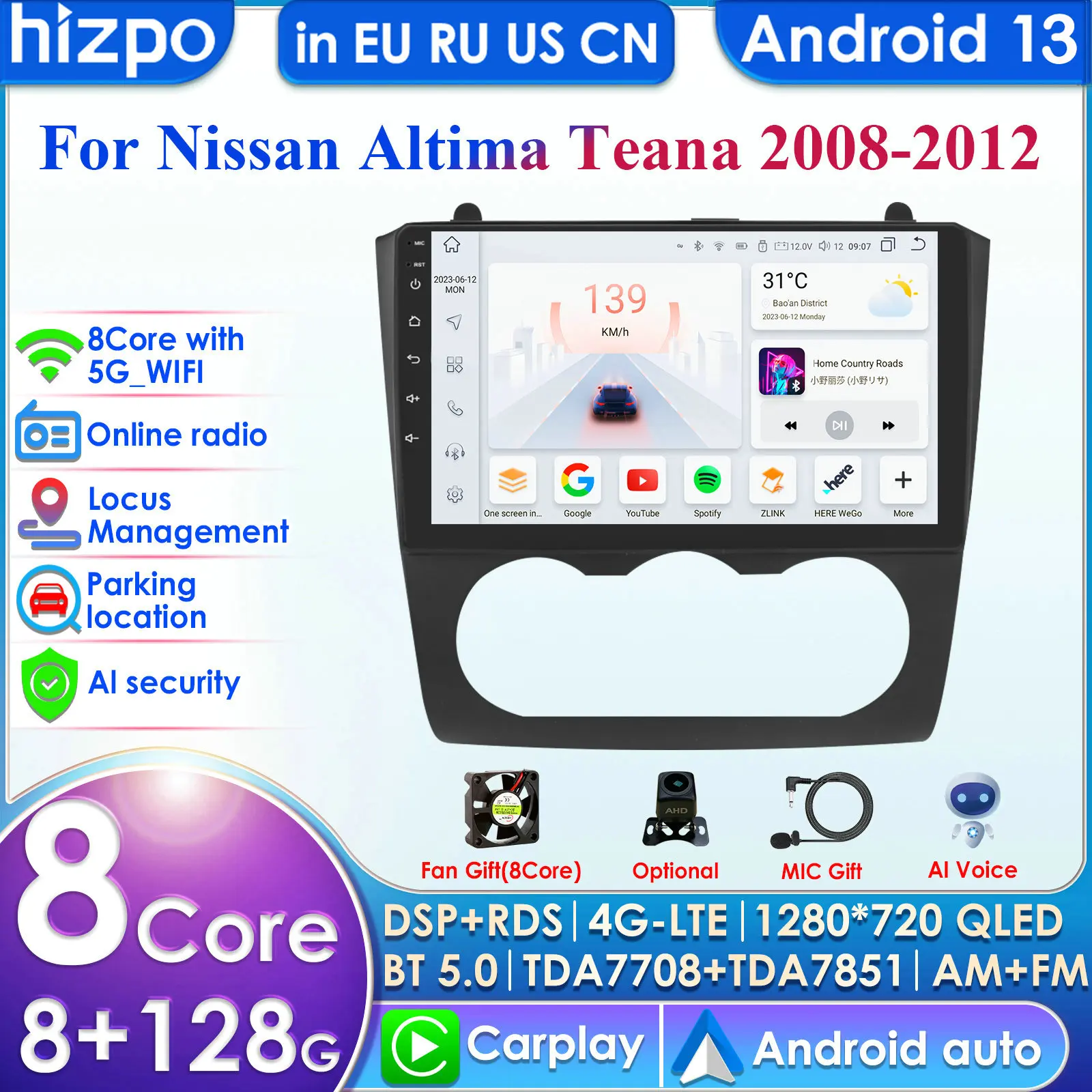 Hizpo Carplay 4G 9'' AI DSP 8+128G 2din Android Car Radio for Nissan Altima Teana Multimedia Video Player Autoradio Audio Stereo