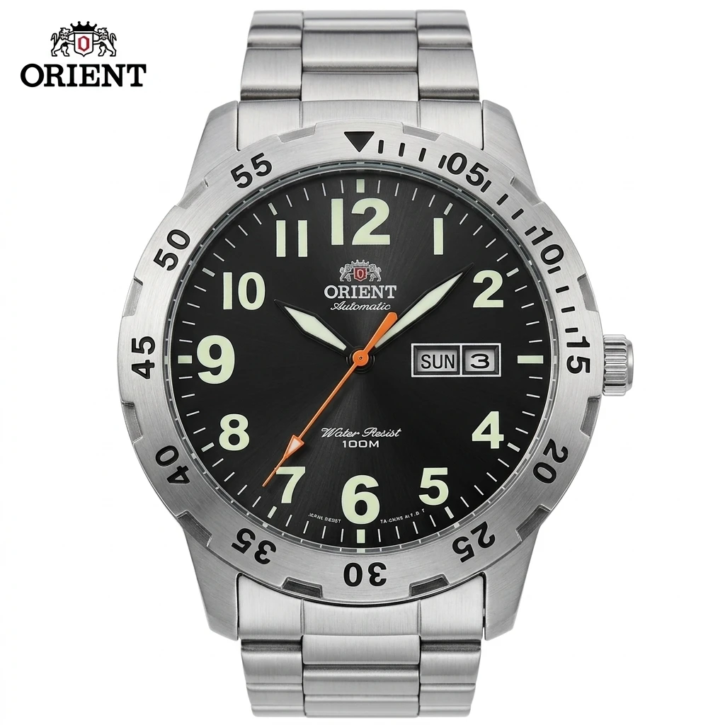Orient Japanese Men Automatic Watch 100M Water Resistant Dual Day Date Luminous Stainless Steel Sports Mechanical Wristwatch