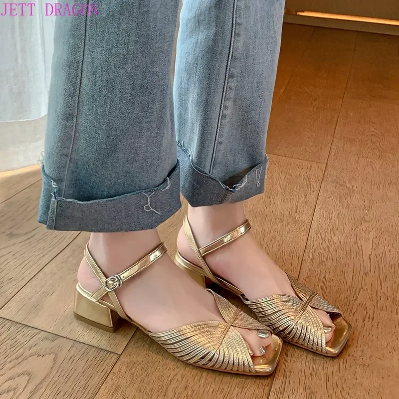 French Style Retro Peep Toe Genuine Leather Sandals Women Narrow Band Ankle Buckle Strap Block Heels Wedding Party Shoes Female