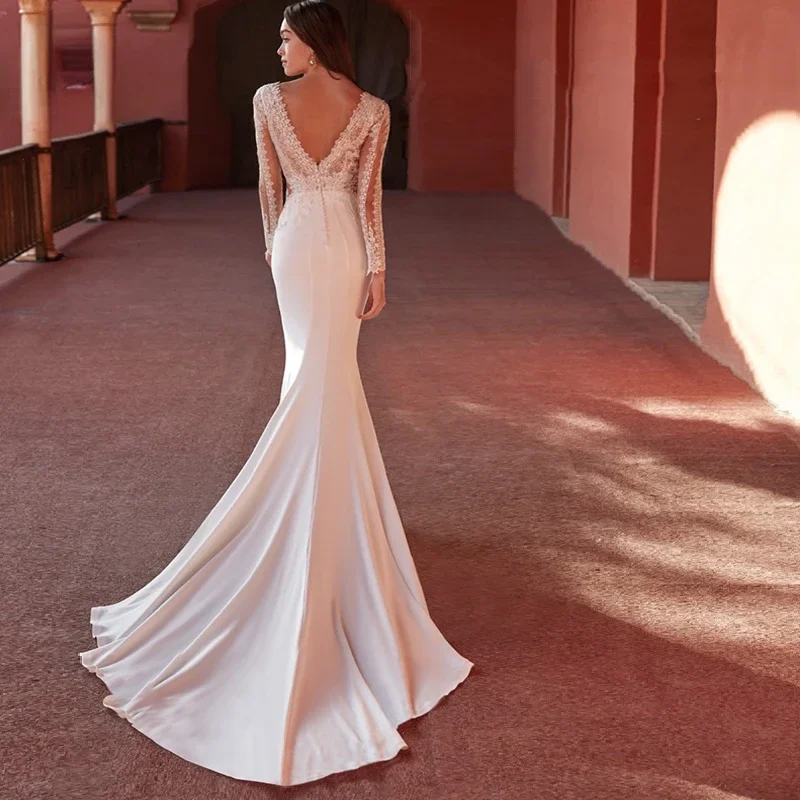 Vestidos De novia De sirena sexys con cuello en V profundo, encaje bordado, mangas largas, ilusión en la espalda, tren De barrido, Vestidos De novia
