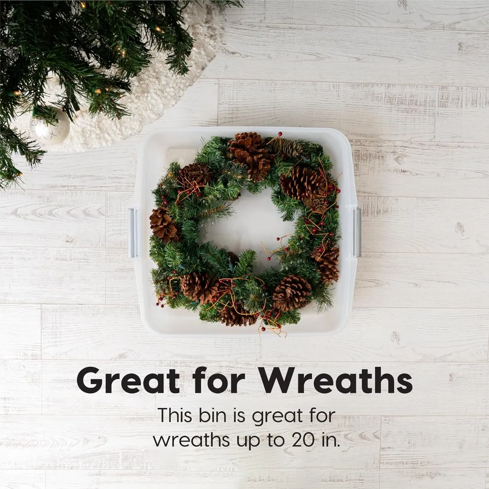 صندوق تخزين إكليل العطلات سعة 33 لترًا، 3 قطع، منظم تحت السرير قابل للتكديس مع أبازيم إغلاق للزينة الاحتفالية شفافة/أحمر