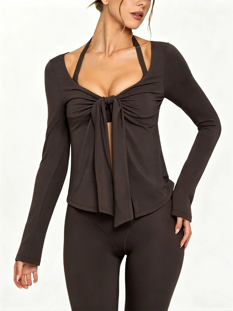 Spicy Girl Style Sports Fitness Long Sleeve Outer Tie Chest Knot Strap U Neck Slimming Breathable Yoga Hoodie Single