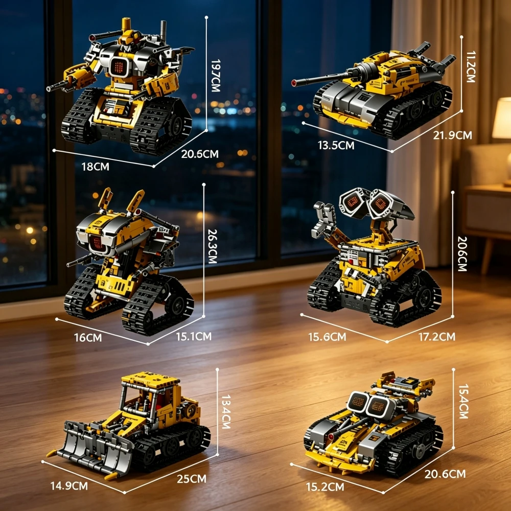 KAVOWORLD 6-in-1 Futuristic Mecha Robot Building Kit W/ LED Eye Display Tracked Sci-Fi Mech Tank Bulldozer Construction Set with Sound Effects Classic Movie Robot STEM Educational Toy Home Desk Decor Christmas Halloween Birthday Party Gift for Adult Teens
