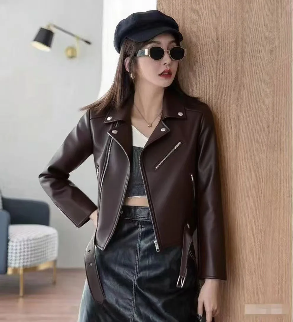 2025 New Women's Leather Jacket Spring Autumn Casual Slim Washed Zipper PU Leather Coat High End Locomotive Short Overcoat 5XL
