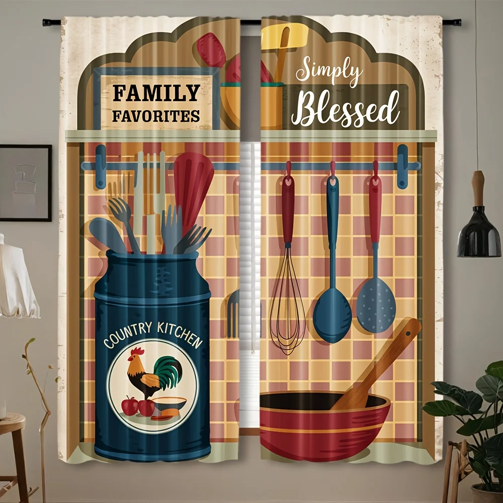 Country Kitchen Rooster Utensil Grid Blackout Rod Pocket Curtain Family Blessed Text Decor Farm Homestay Kitchen Rest Bay Window