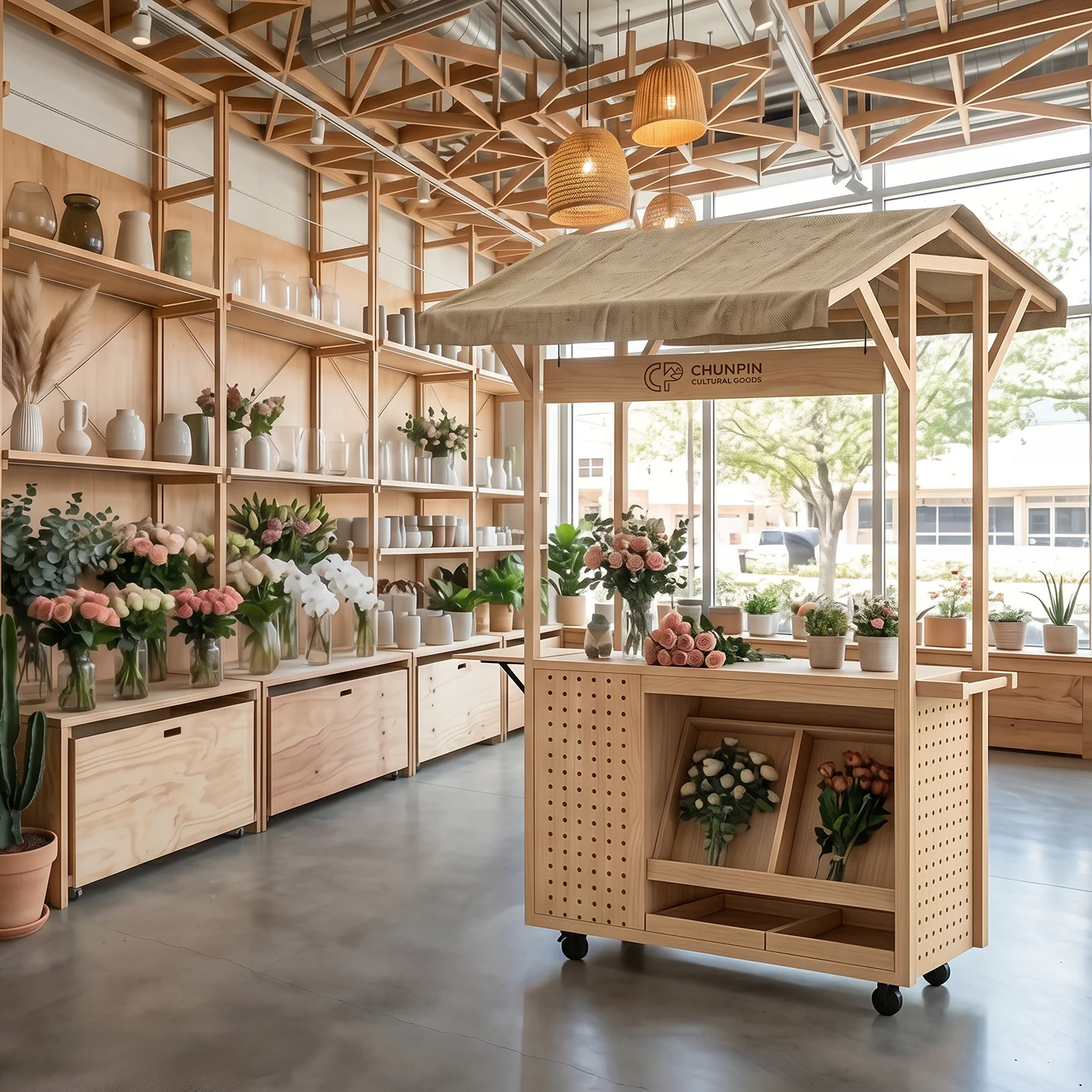 Solid wood booth rack Movable exhibition display rack Commodity flash store Exhibition supermarket Art display merchandise