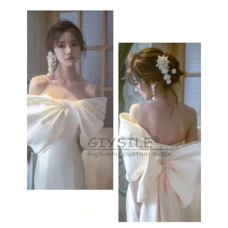 GIYSILE Aangepaste Wit Licht Trouwjurk Temperament Satijn Schouder Boog Taille Fishtail Mouwloze Formele Vrouwen Elegant