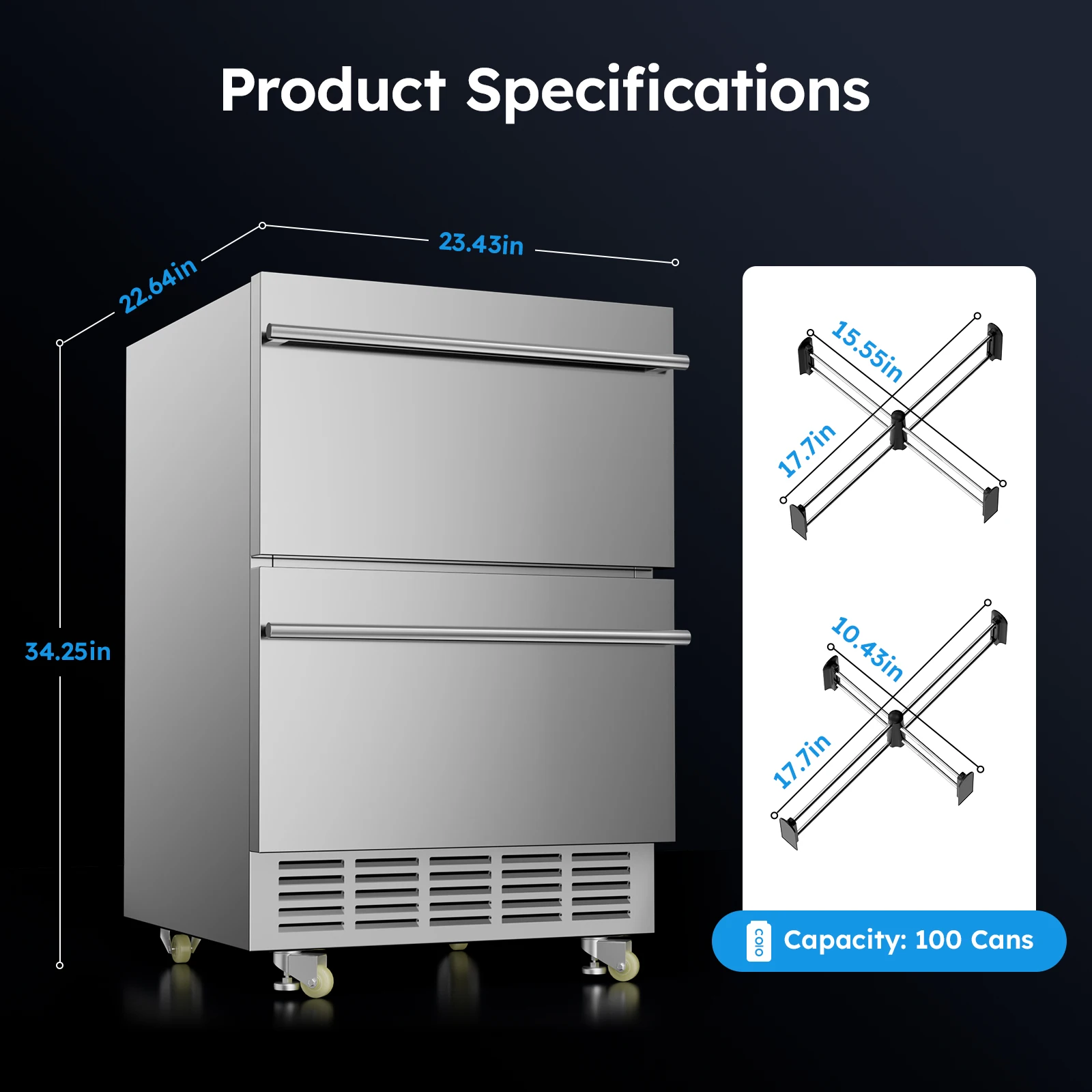 Refrigerador incorporado da bebida com painel de toque, undercounter, 2 gavetas, 5,3 Cu.ft., 24 "sob o refrigerador contrário