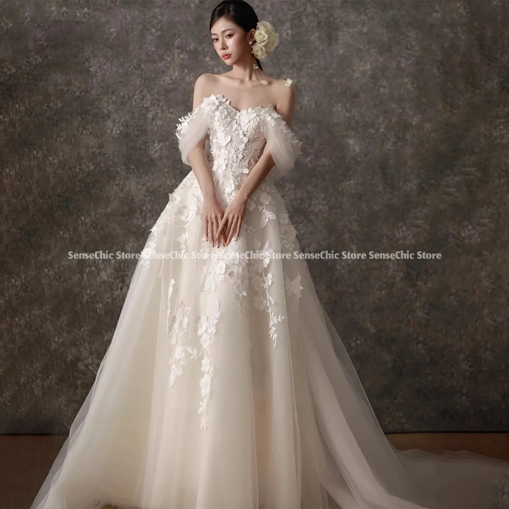 Lace Floral Wedding Dresses Korea Strapless Elegent 웨딩드레스 Tulle Puff Sleeves Detachable Sleeves Bridal Dress Customized