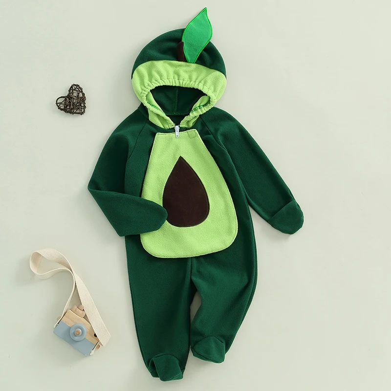 Baby Fall Avocado Romper Long Sleeve Hood Full Length Zipper Jumpsuit for Boys and Girls