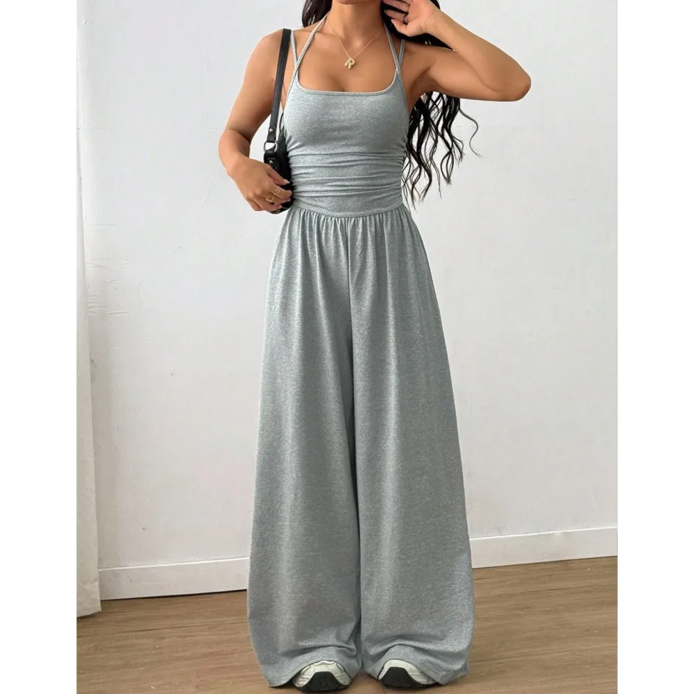 

Breast Wrap Halter Neck Jumpsuit Women's Summer New Casual Solid Color Tight Top Loose Wide Leg Jumpsuit Комбинезон Женский