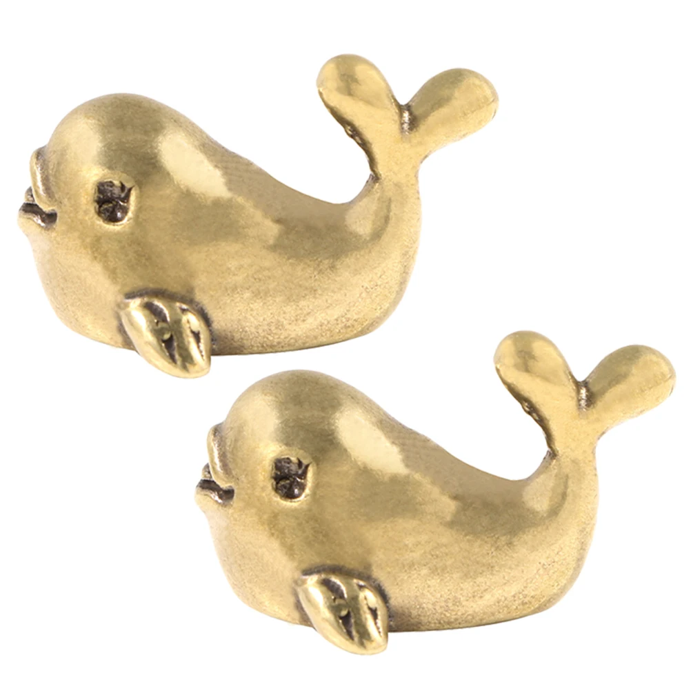 

2 Pcs Dolphin Ornament Animal Figurines for Home Ocean Brass Golden Statue Decor