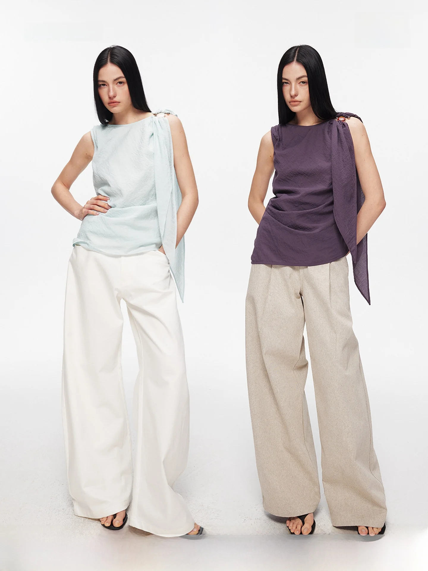

SEGI Linen Washed Pleated Hollow out Color Stone Draped Weave Vest Top Women Unique Design Casual Style round Neckline