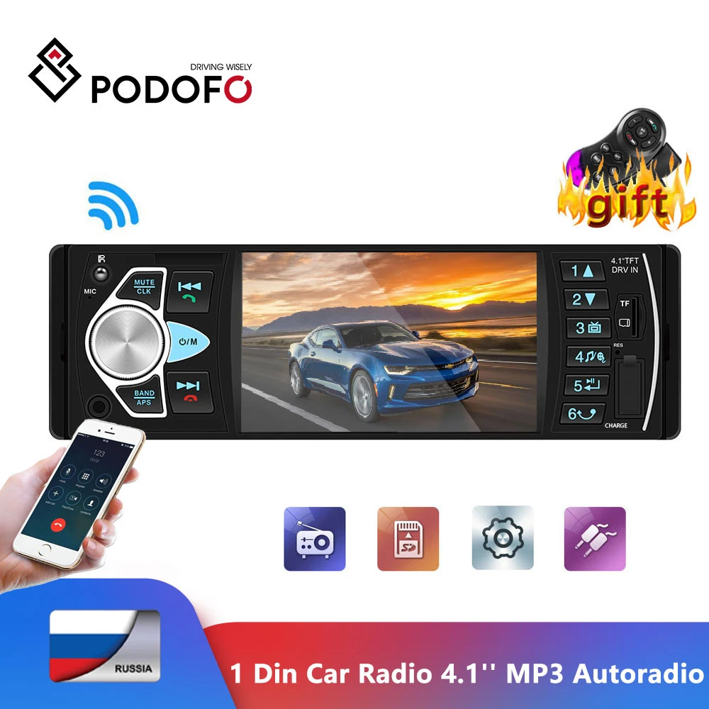 

Автомагнитола Podofo, 1 Din, 4,1 дюйма, цифровой дисплей, Bluetooth, FM, MP3, мультимедийный проигрыватель, 1 Din, аудио, радио, USB, FM, резервный монитор