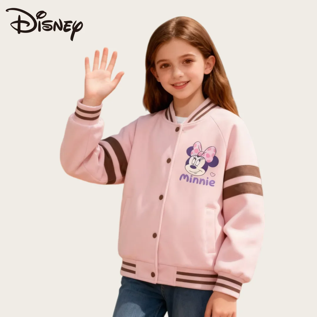 

Детская бейсбольная куртка с хлопковой подкладкой Disney, осенне-зимняя морозостойкая куртка для девочек, розовая ветрозащитная верхняя одежда с рисунком Минни