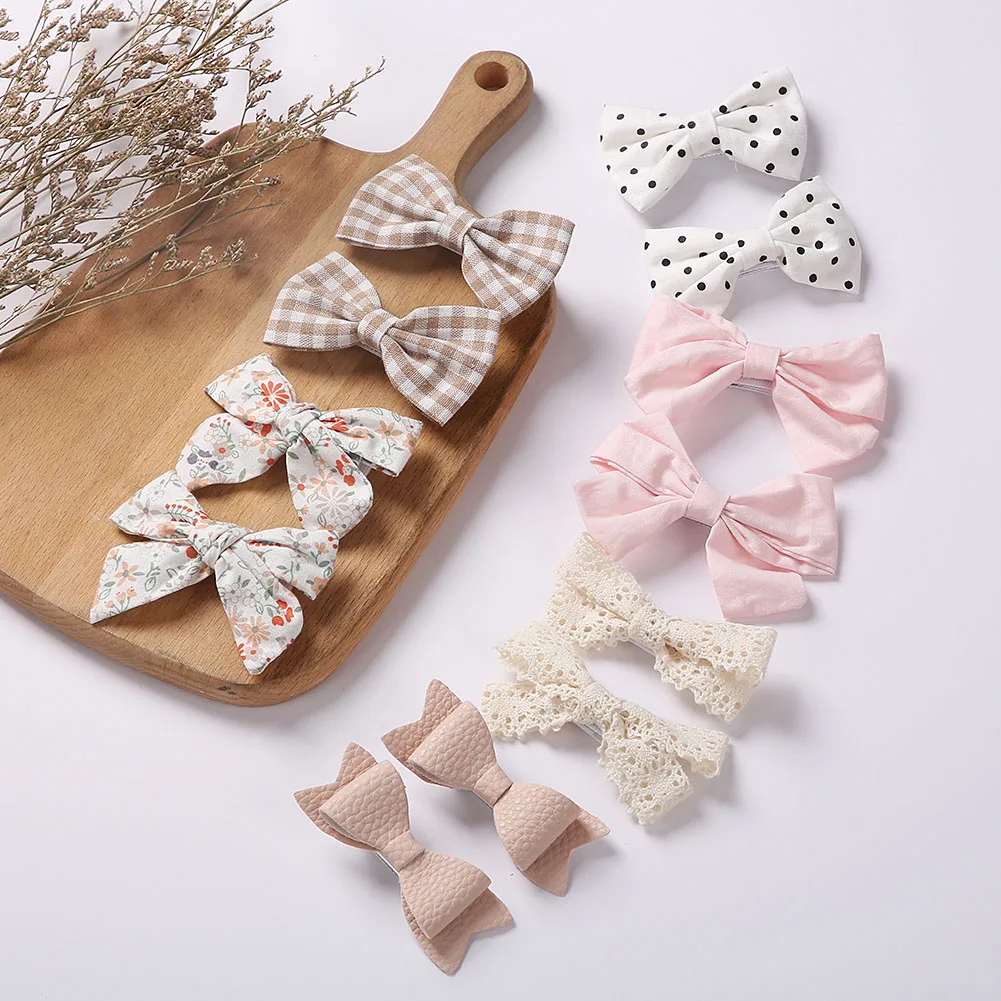 4Pcs/set Floral Print Hair Bow Clips Baby Girls Lace Cotton Linen BB Barrettes Safety Hairpins Korea Kids Headwear Accessories