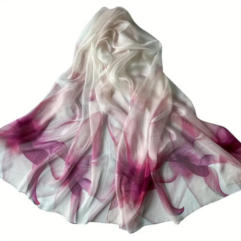 

Lightweight 100% Mulberry Silk Chiffon Scarf for Women Oblong Shawl Neck Scarf Beach Wrap Headscarf Gift Pack Purple Floral