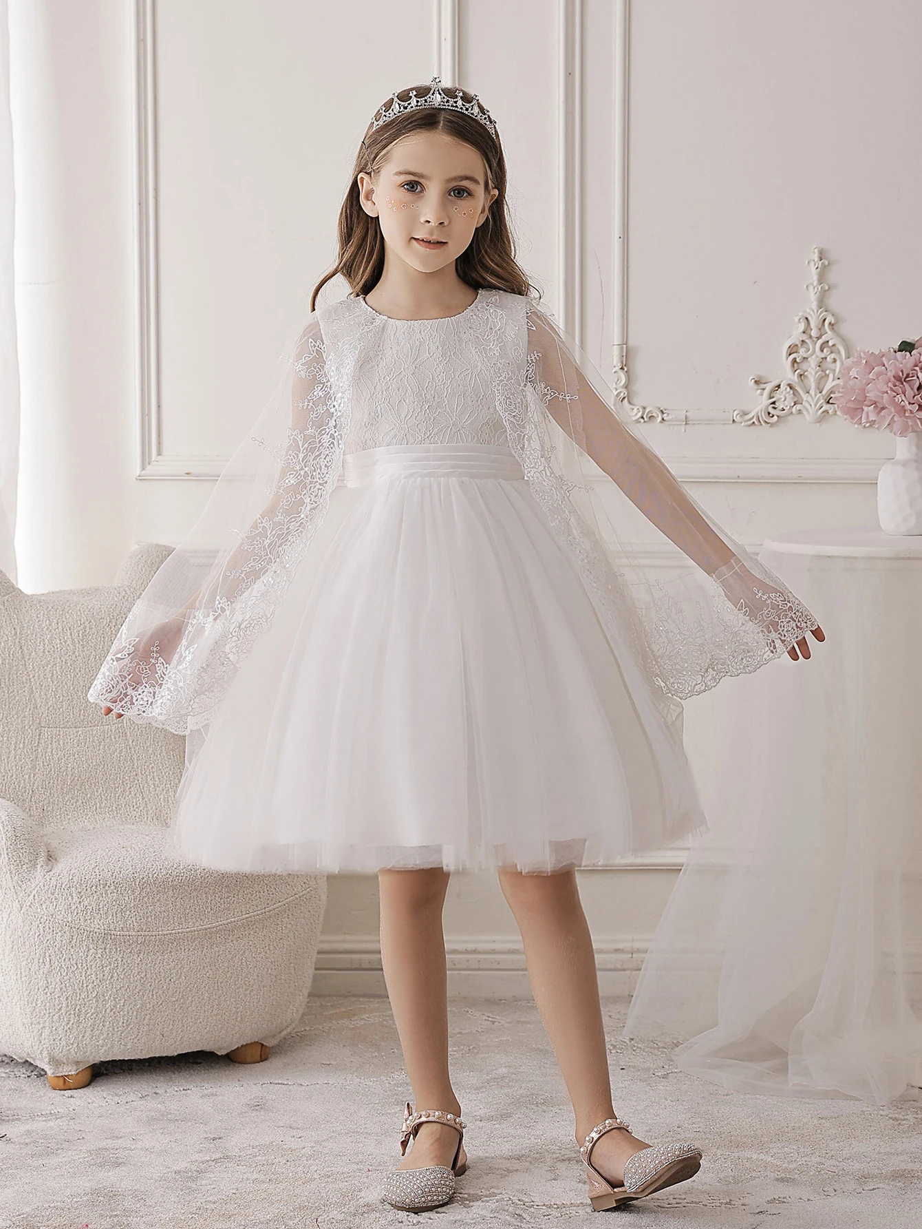 

Girls' White Gauze Princess Dress Draped Design Children's Tulle Dresses Suitable for Birthday Party Weddings