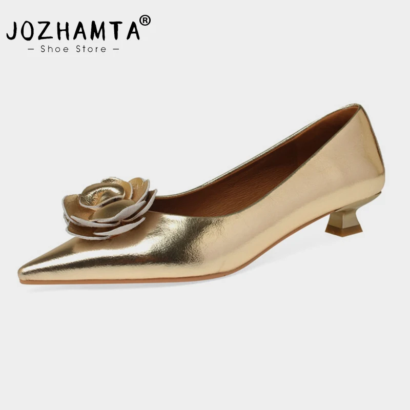 JOZHAMTA Size 33-40 Real Leather Women Wedding Pumps Sexy Pointed Toe Flowers Mid Heels Spring Shoes 2025 Silver Office Dress