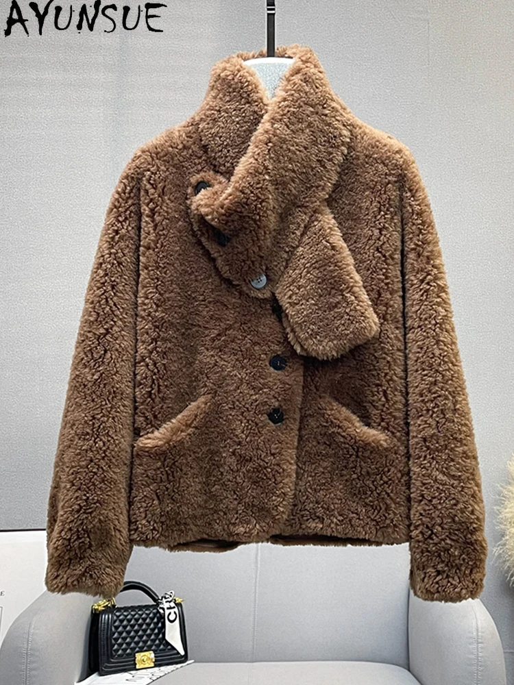 AYUNSUE 100% Naturalna Wełna Odpinany Szal Damska Kurtka 2025 Nowa Jesienno-Zimowa Kurtka z Futra Jagnięcego Odzież Damska Ropa Para Mujer