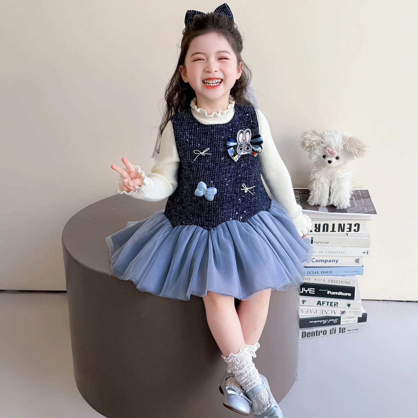 

Girls Rabbit Police Officer Dress Sets Korean Style Long Sleeve Sweater+Sleevelss Spliced Dress Cute Cartoon Children's 2Pcs Set