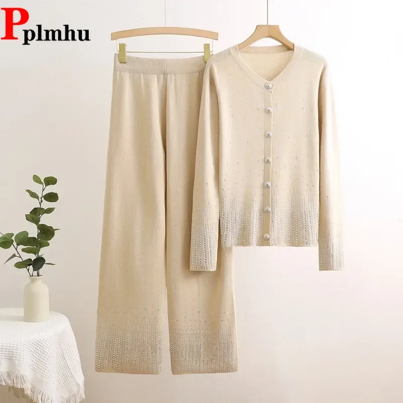 

Fall Winter Design Elegant Women Ensemble High Waist Wide Leg Pants Suit Korea Fashion O-neck Cardigan Sweater Tops 2 Piece Sets