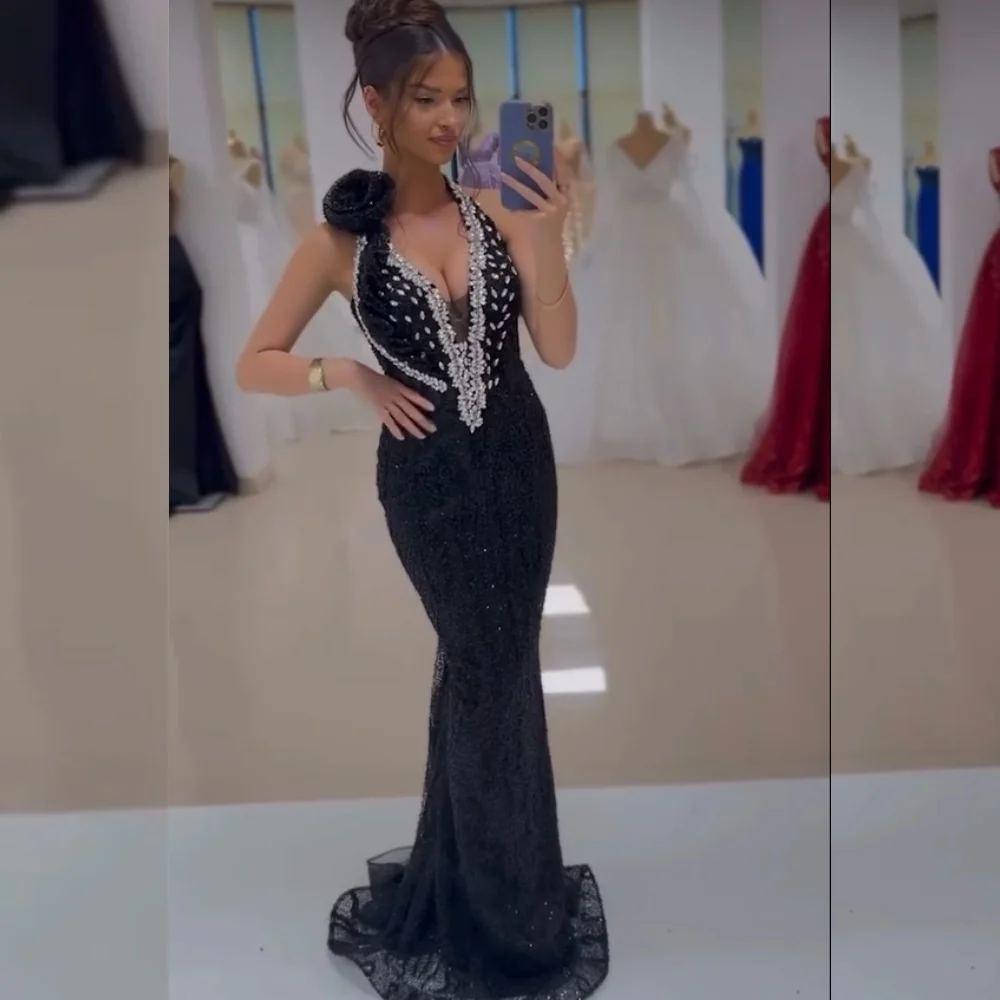 Customized Formal Pleat Sequined Flower Mermaid Halter Long Dresses Bespoke Occasion Quinceanera Sparkle Exquisite