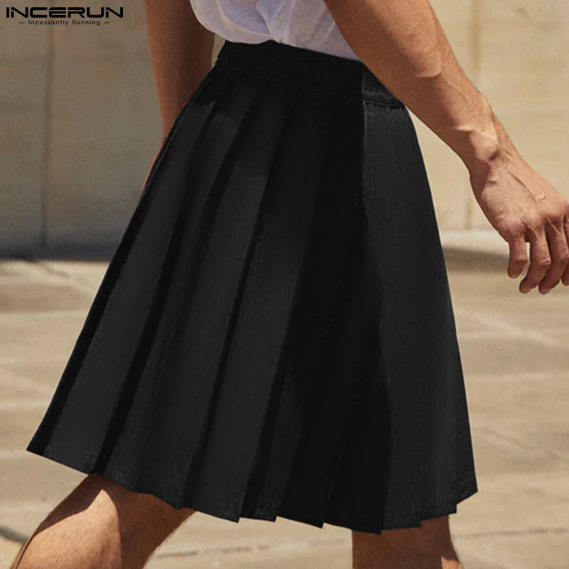 Men Skirts Solid Color Pleated Summer Casual Male Shorts Streetwear Loose 2023 Personality Fashion Men Bottoms S-5XL INCERUN