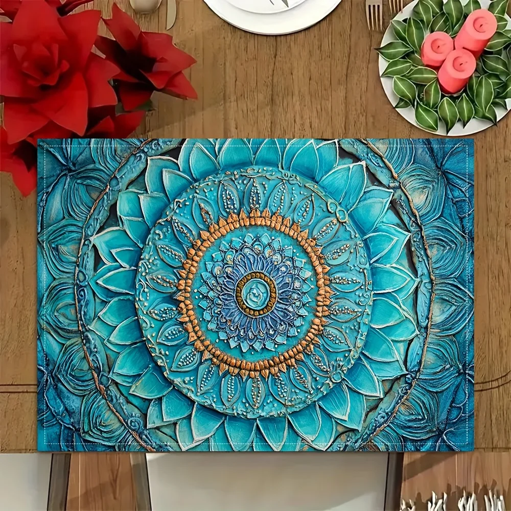 4pcs Turquoise Mandala Rectangle Placemat Set, Hand‑Washable Imitation‑Linen for Kitchen Dining Party Home Table Decor