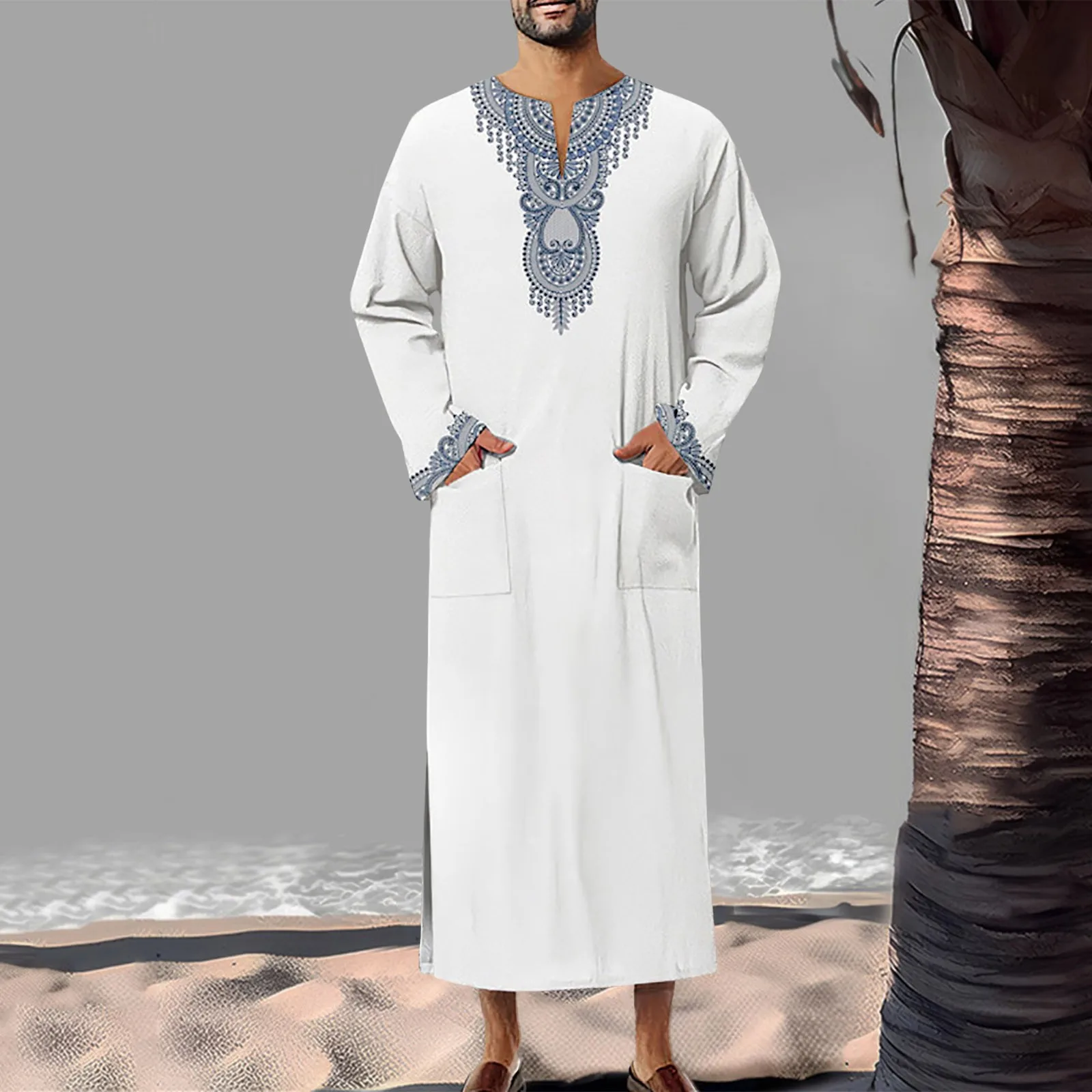 Muslim Fashion 2024 Men Long Sleeve V-neck Polyester Printing Jubba Thobe Muslim Men Clothing Muslim Abaya Islamic Clothing