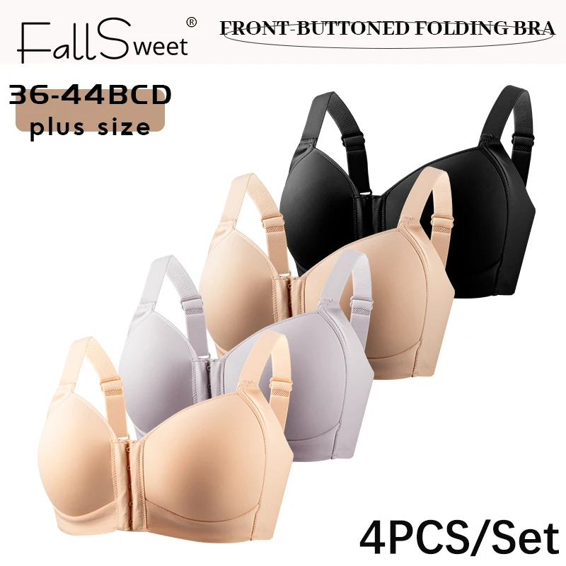 

FallSweet 4PCS Plus Size Wireless Front Button Bra for Women Seamless Breathable Bralette Comfor Underwear Sexy Female Lingerie