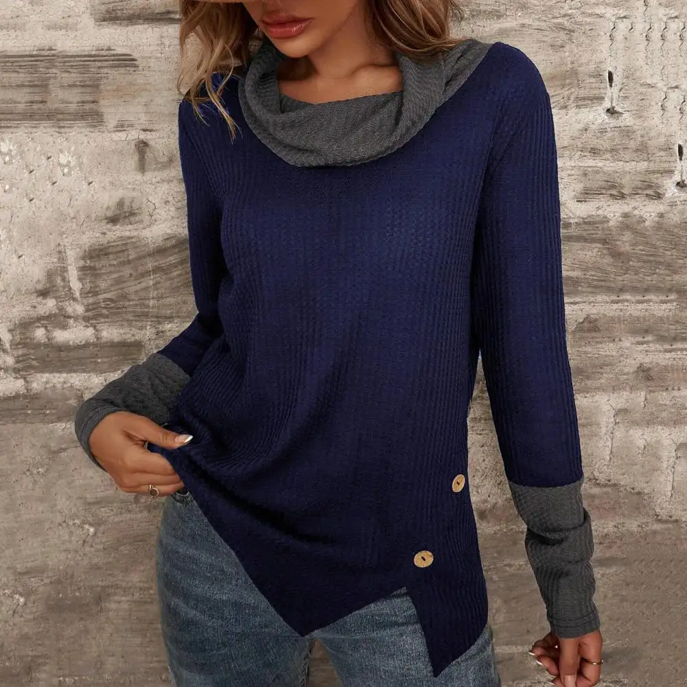 Women Autumn Top Contrast Color Long Sleeves Loose Pullover Patchwork Warm Soft Plus Size Spring T-shirt Split Autumn Top