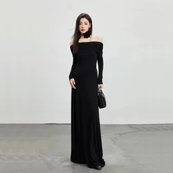 Women Elegant Slash Neck Dress Y2K Korean Black Long Sleeve Slim Midi Dress Ladies Spring Chic All-Match Club Vestidos New